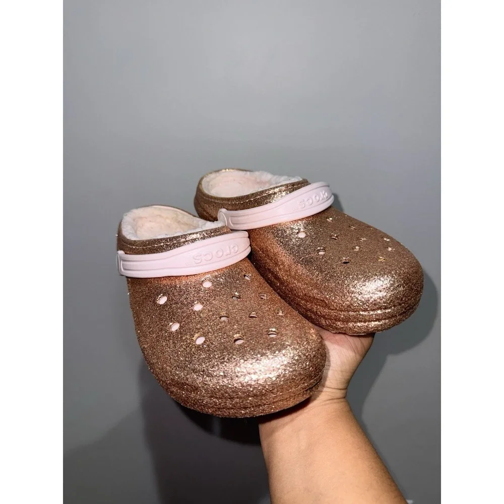 Crocs Classic Pink RoseGold Glitter Girl's J5 Faux Fur Lined Clogs Bling Flash R